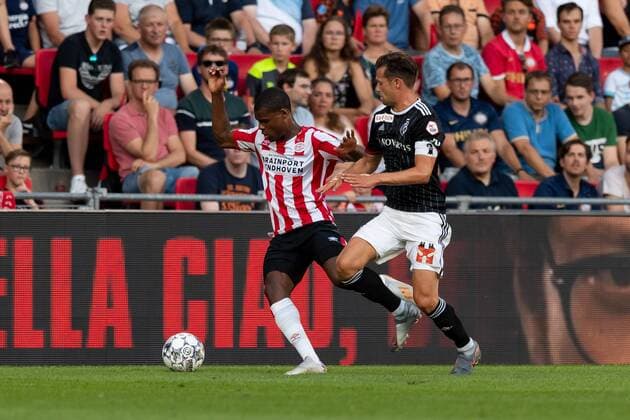 Eindhoven, Netherlands, 24 07 2019, UEFA Champions League, Second Qualifying Round, PSV Eindhoven FC Basel , Valentin Stocker Basel and Denzel Dumfries PSV in the total Defodi 01061003757 Defodi-061