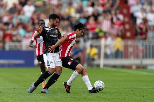 Eindhoven, Netherlands, 24 07 2019, UEFA Champions League, Second Qualifying Round, PSV Eindhoven FC Basel , Eray Coemert Basel and Erick Gutierrez PSV in the total Defodi 01061003758 Defodi-061