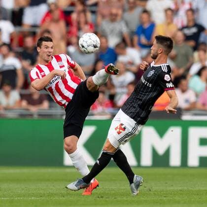 Eindhoven, Netherlands, 24 07 2019, UEFA Champions League, Second qualifying round, PSV Eindhoven FC Basel , Nick Viergever PSV and Ricky van Wolfswinkel Basel in the total Defodi 01061003764 Defodi-061