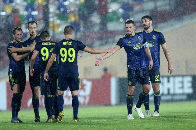Sport Bilder des Tages UEFA Champions League CRO vs GEO - Tbilisi, Georgia 23.07.2019., Mikheil Meskhi stadium, Georgia, Tbilisi - Champions League - First Qualifying Round Second Leg FC Saburtalo - GNK Dinamo. Bruno Petkovic, Mario Situm, Mislav Orsic, Izet Hajrovic.  LukaxStanzl PIXSELL