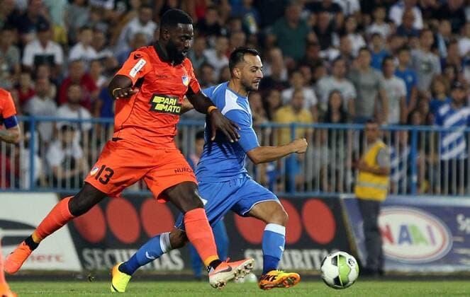 23.07.2019 Niksic(Montenegro) FK Sutjeska-FC Apoel Nicosia 2nd leg champions league qualify men s football Kevin Lafrance(L) FC Apoel stopped during match Damir Kojasevic (R) FK Sutjeska :Str 