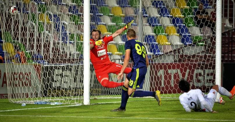 23.07.2019 Tbilisi(Georgia) FC Saburtalo-GNK Dinamo Zagreb 2nd leg champions league qualify men s football Mislav Orsic(C) GNK Dinamo Zagreb scoring first goal on match beside Omar Migineishvili (L)FC Saburtalo goalkeeper :Str 