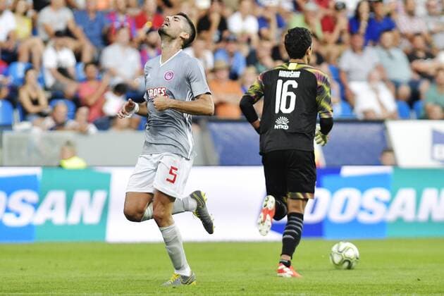 L-R Andreas Bouchalakis (Piraeus) and Ales Hruska (Plzen) in action during the Football Champions League 2nd qualifying round match: Viktoria Plzen vs Olympiakos Piraeus in Pilsen, Czech Republic, on July 23, 2019. (CTKxPhoto MiroslavxChaloupka) CTKPhotoP201907230957801  cha013