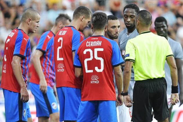 Guilherme (Piraeus; 4th from right) talks to referee during the Football Champions League 2nd qualifying round match: Viktoria Plzen vs Olympiakos Piraeus in Pilsen, Czech Republic, on July 23, 2019. (CTKxPhoto MiroslavxChaloupka) CTKPhotoP201907230952101  cha09