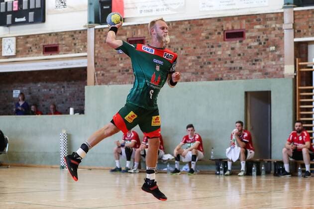Matthias Musche SC Magdeburg Handball test game summer preparation season 2019 2020 points game SC Magdeburg vs. TV Hüttenberg in the Franz Vollbring Halle in Schönebeck Freisteller,Aktion,Deutschland, Handball, Mann, Maenner,23 07 2019