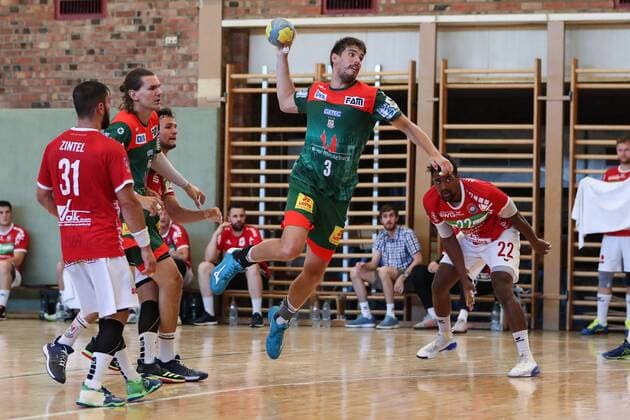 Piotr Chrapkowski SC Magdeburg Handball test game summer preparation season 2019 2020 points game SC Magdeburg vs. TV Hüttenberg in the Franz Vollbring Halle in Schönebeck Action,Germany, Handball, man, man,23 07 2019
