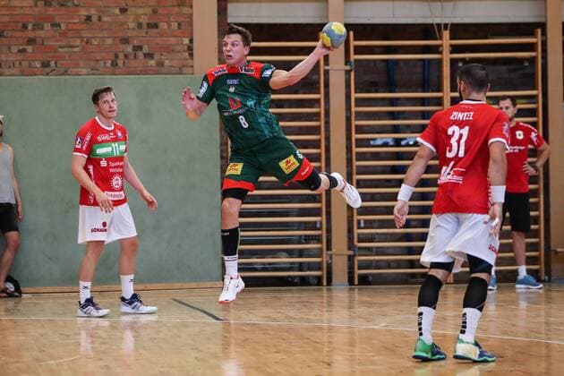 Christoph Steinert SC Magdeburg Handball test game summer preparation season 2019 2020 points game SC Magdeburg vs. TV Hüttenberg in the Franz Vollbring Halle in Schönebeck Aktion,Deutschland, Handball, Mann, Maenner,23 07 2019