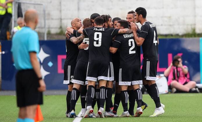 UEFA Champions League Second Qualifying Round First Leg, Oriel Park, Co. Louth 24 7 2019 Dundalk vs Qarabag Qarabag players celebrate scoring their sides first goal Qarabag players celebrate scoring their sides first goal 24 7 2019  Copyright: x©INPHO RyanxByrnex RB3_4875