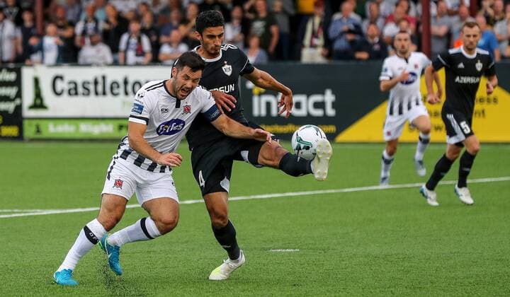 UEFA Champions League Second Qualifying Round First Leg, Oriel Park, Co. Louth 24 7 2019 Dundalk vs Qarabag Dundalk s Pat Hoban with Rahil Mammadov of Qarabag Pat Hoban with Rahil Mammadov 24 7 2019  Copyright: x©INPHO RyanxByrnex RB1_4951