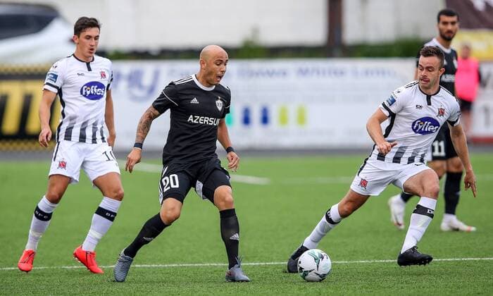 UEFA Champions League Second Qualifying Round First Leg, Oriel Park, Co. Louth 24 7 2019 Dundalk vs Qarabag Dundalk s Robbie Benson with Richard Almeida of Qarabag Robbie Benson with Richard Almeida 24 7 2019  Copyright: x©INPHO RyanxByrnex RB3_4826