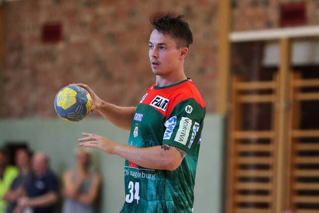 Michael Damgaard SC Magdeburg Handball test game summer preparation season 2019 2020 points game SC Magdeburg vs. TV Hüttenberg in the Franz Vollbring Halle in Schönebeck single picture, action, Germany, handball, man, man, 23 07 2019