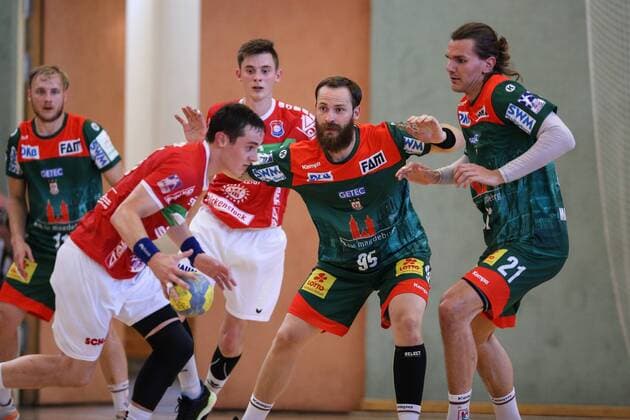 Moritz Preuss Mi and Erik Schmidt SC Magdeburg Handball test game summer preparation season 2019 2020 points game SC Magdeburg vs. TV Hüttenberg at the Franz Vollbring Halle in Schönebeck Aktion,Deutschland, Handball, Mann, Maenner,23 07 2019