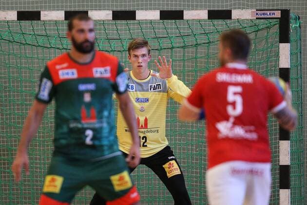 Goalkeeper Tobias Thulin Mi ,SC Magdeburg Handball test game summer preparation season 2019 2020 points game SC Magdeburg vs. TV Hüttenberg in the Franz Vollbring Halle in Schönebeck Action,Germany, Handball, Man, Men,23 07 2019