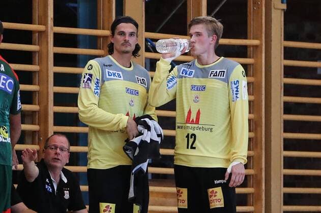 Goalkeeper Jannick Green Krejberg li and Goalkeeper Tobias Thulin SC Magdeburg Handball Test match Summer preparation season 2019 2020 Points game SC Magdeburg vs TV Hüttenberg in the Franz Vollbring Halle in Schönebeck Germany, Handball, Man, Men,23 07 2019