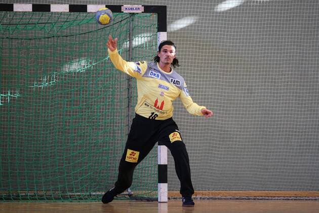 Goalkeeper Jannick Green Krejberg SC Magdeburg Handball Test match Summer preparation Season 2019 2020 Points SC Magdeburg vs. TV Hüttenberg in the Franz Vollbring Halle in Schönebeck Freisteller,Aktion,Deutschland, Handball, Mann, Maenner,23 07 2019