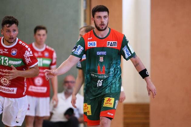 Filip Kuzmanovski SC Magdeburg Handball test game summer preparation season 2019 2020 points game SC Magdeburg vs. TV Hüttenberg in the Franz Vollbring Halle in Schönebeck Action,Germany, Handball, Man, Men,23 07 2019