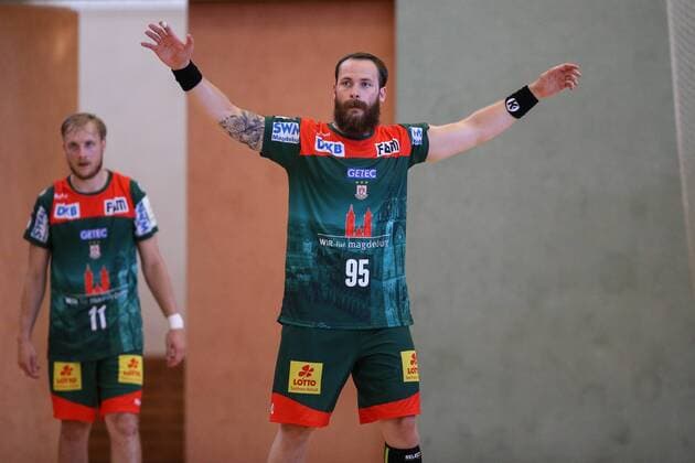 Moritz Preuss SC Magdeburg Handball test game summer preparation season 2019 2020 points game SC Magdeburg vs. TV Hüttenberg in the Franz Vollbring Halle in Schönebeck Aktion,Deutschland, Handball, Mann, Maenner,23 07 2019