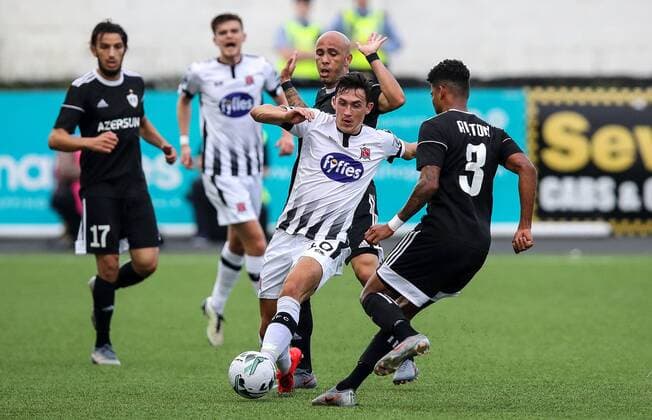 UEFA Champions League Second Qualifying Round First Leg, Oriel Park, Co. Louth 24 7 2019 Dundalk vs Qarabag Dundalk s Jamie McGrath with Richard Almeida and Ailton of Qarabag Jamie McGrath with Richard Almeida and Ailton 24 7 2019  Copyright: x©INPHO RyanxByrnex RB3_5421