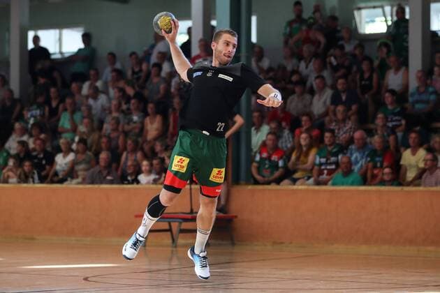 Lukas Mertens SC Magdeburg Handball test game summer preparation season 2019 2020 points game SC Magdeburg vs. TV Hüttenberg in the Franz Vollbring Halle in Schönebeck Freisteller,Aktion,Germany, Handball, Mann, Maenner,23 07 2019