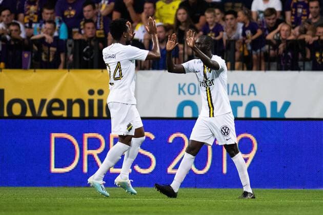 190724 Heradi Rashidi and Enoch Kofi Adu celebrate after Henok Goitom not pictured scored 1 1 during the UEFA Champions League qualifying match between Maribor and AIK on July 24, 2019 in Maribor Photo Martin Metelko BILDBYRAN Cop 277 bbeng fotball fotboll football kval till champions league soccer champions league qualification aik maribor jubel,  Copyright: MARTINxMETELKO BB190724BB322
