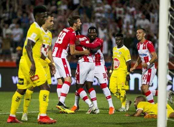 24th July 2019; Rajko Mitic Stadium, Belgrade, Serbia; UEFA Champions League Qualifying Second Leg First Round Red Star Belgrade versus HJK Helsinki; Boakye of Red Star Belgrade celebrates scoring his goal in 27th minute for 1-0 with Milunovic, Ben Nabouhane and Rodic  ActionPlus12156226 NikolaxKrstic