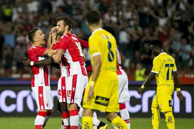24th July 2019; Rajko Mitic Stadium, Belgrade, Serbia; UEFA Champions League Qualifying Second Leg First Round Red Star Belgrade versus HJK Helsinki; Boakye of Red Star Belgrade celebrates scoring his goal in 27th minute for 1-0 with Milunovic, Jovicic and Ben Nabouhane  ActionPlus12156227 NikolaxKrstic