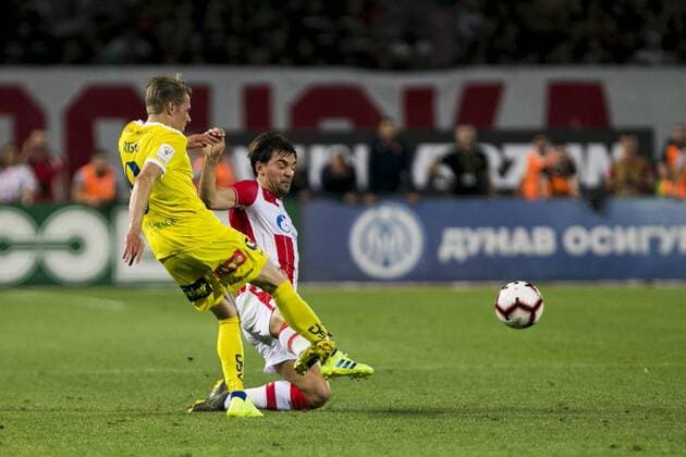 24th July 2019; Rajko Mitic Stadium, Belgrade, Serbia; UEFA Champions League Qualifying Second Leg First Round Red Star Belgrade versus HJK Helsinki; Stojkovic of Red Star Belgrade cannot stop the shot from Riski of HJK Helsinki  ActionPlus12156231 NikolaxKrstic