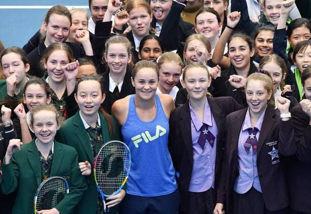 ASHLEIGH BARTY WELCOME HOME CEREMONY, French Open winner and world number one tennis player Ashleigh Barty (centre) is seen being welcomed home at Pat Rafter Arena in Brisbane, Thursday, July 25, 2019. Queensland Premier Annastacia Palaszczuk and 70 junior tennis players officially welcomed home Ashleigh Barty to Australia after her recent French Open win. ( NO ARCHIVING, EDITORIAL USE ONLY, NO USE IN BOOKS WITHOUT CONSENT Brisbane QUEENSLAND AUSTRALIA  Copyright: xDARRENxENGLANDx 20190725001410445239