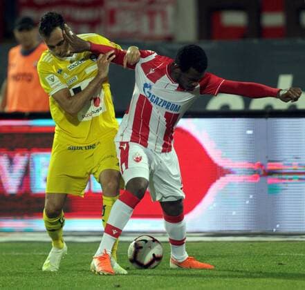 24.07.2019 Belgrade(Serbia) FK Crvena Zvezda(FC Red Star)-HJK Helsinki Champions League 2nd leg qualifiers men s football El Fardou Ben(R)Crvena Zvezda (Red Star) pushing face of Rafinha(L) HJK Helsinki : 