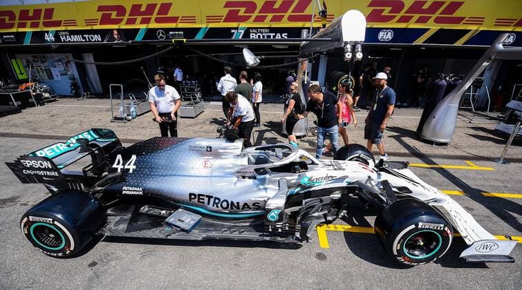 25 07 2019, xpsx, Motorsport FIA Formula 1, Mercedes Benz Grand Prix of Germany 2019 v l Mercedes Box Vehicle new paintwork colors car front wing Hockenheim