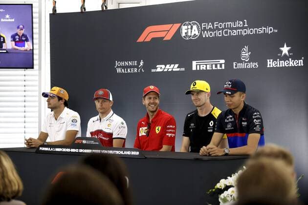Motorsports: FIA Formula One World Championship, WM, Weltmeisterschaft 2019, Grand Prix of Germany, 55 Carlos Sainz jr. (ESP, McLaren F1 Team), 7 Kimi Raikkonen (FIN, Alfa Romeo Racing), 5 Sebastian Vettel (GER, Scuderia Ferrari Mission Winnow), 27 Nico Hulkenberg (GER, Renault F1 Team), 23 Alexander Albon (THA, Red Bull Toro Rosso Honda), Hockenheim Germany