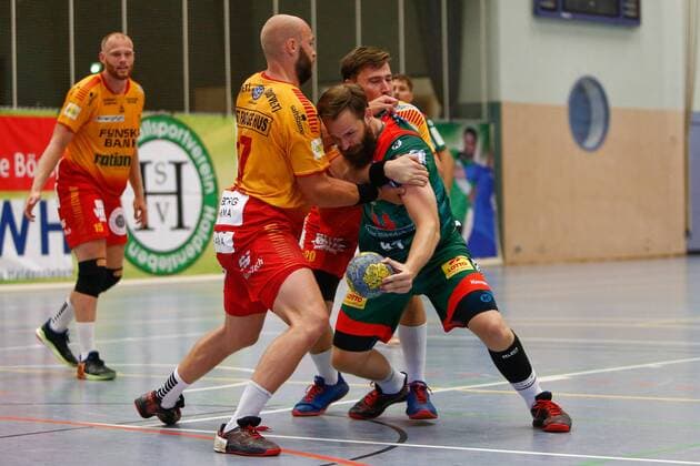 25 07 2019, xtgx, Handball test match, SC Magdeburg GOG Svendborg emspor, v l Moritz Preuss Magdeburg duel, fight, tackle Haldensleben