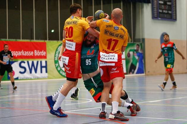 25 07 2019, xtgx, Handball test match, SC Magdeburg GOG Svendborg emspor, v l Moritz Preuss Magdeburg duel, fight, tackle Haldensleben