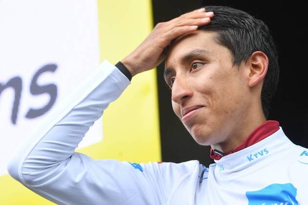 Colombian Egan Bernal of Team Ineos celebrates on the podium of stage 20 of the 106th edition of the Tour de France cycling race, from Albertville to Val Thorens (130 km), France, Saturday 27 July 2019. This year s Tour de France starts in Brussels and takes place from July 6th to July 28th. DAVIDxSTOCKMAN  x05634372x