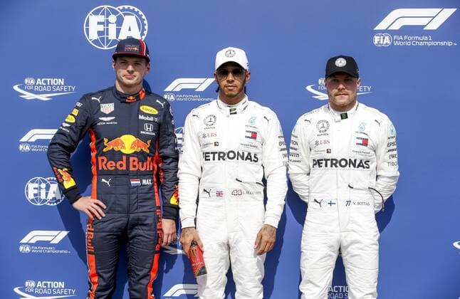 Motorsports: FIA Formula One World Championship, WM, Weltmeisterschaft 2019, Grand Prix of Germany, 33 Max Verstappen (NLD, Aston Martin Red Bull Racing), 44 Lewis Hamilton (GBR, Mercedes AMG Petronas Motorsport), 77 Valtteri Bottas (FIN, Mercedes AMG Petronas Motorsport), Hockenheim Germany