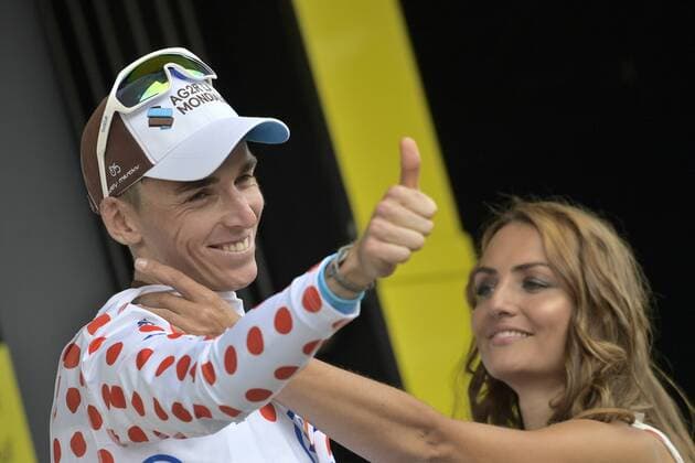 French Romain Bardet of AG2R La Mondiale wearing the red polka-dot jersey for best climber celebrates on the podium of stage 20 of the 106th edition of the Tour de France cycling race, from Albertville to Val Thorens (130 km), France, Saturday 27 July 2019. This year s Tour de France starts in Brussels and takes place from July 6th to July 28th. YORICKxJANSENS  x05634377x
