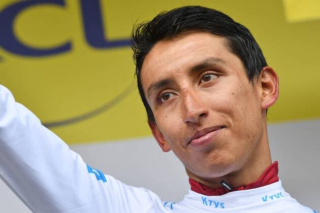 Colombian Egan Bernal of Team Ineos celebrates on the podium in the white jersey for best young rider after stage 20 of the 106th edition of the Tour de France cycling race, from Albertville to Val Thorens (130 km), France, Saturday 27 July 2019. This year s Tour de France starts in Brussels and takes place from July 6th to July 28th. DAVIDxSTOCKMAN  x05634427x