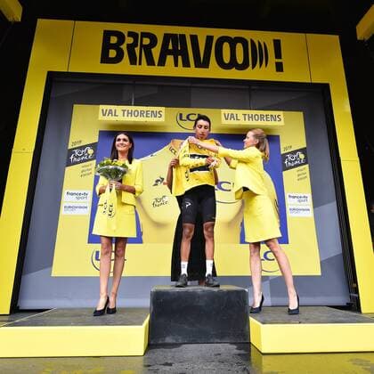 Colombian Egan Bernal of Team Ineos celebrates on the podium in the yellow jersey of leader in the overall ranking after stage 20 of the 106th edition of the Tour de France cycling race, from Albertville to Val Thorens (130 km), France, Saturday 27 July 2019. This year s Tour de France starts in Brussels and takes place from July 6th to July 28th. DAVIDxSTOCKMAN  x05634459x