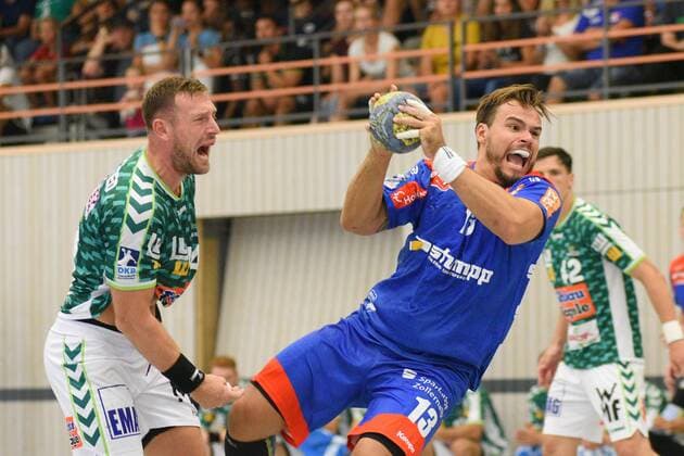 Benjamin Meschke HBW Balingen Weilstetten 13 against Jacob Bagersted FrischAuf Goeppingen 14 Handball , men , preparation , tournament, Altensteig , S Cup , 27 07 2019, photo TBaur Eibner S Cup Frisch Auf Goeppingen HBW Balingen Weilstetten Altensteig Copyright: xEIBNER TobiasxBaurx EP_TBR