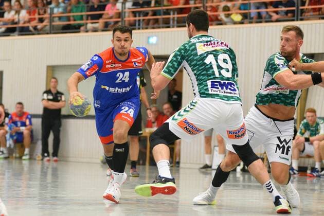 Diogo Oliveira HBW Balingen Weilstetten 24 against Iva Slikovoc FrischAuf Goeppingen 19 Handball , men , preparation , tournament, Altensteig , S Cup , 27 07 2019, photo TBaur Eibner S Cup Frisch Auf Goeppingen HBW Balingen Weilstetten Altensteig Copyright: xEIBNER TobiasxBaurx EP_TBR