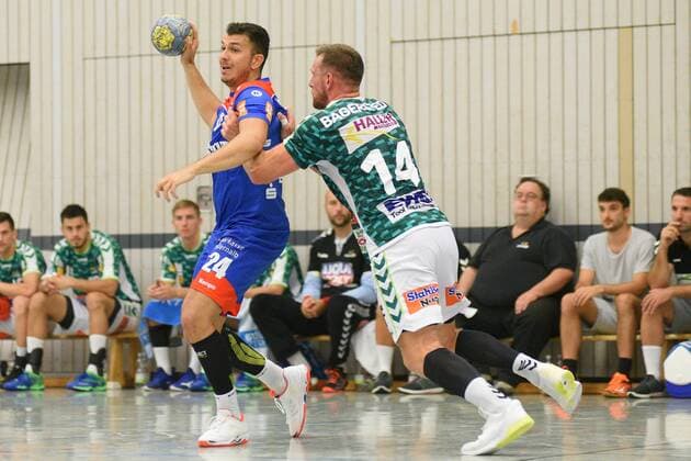 Diogo Oliveira HBW Balingen Weilstetten 24 against Jacob Bagersted FrischAuf Goeppingen 14 Handball , men , preparation , tournament, Altensteig , S Cup , 27 07 2019, photo TBaur Eibner S Cup Frisch Auf Goeppingen HBW Balingen Weilstetten Altensteig Copyright: xEIBNER TobiasxBaurx EP_TBR