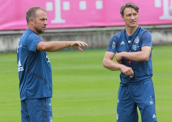 Coach Niko Kovac in conversation with co coach Hansi Flick Football FC Bayern Munich 28 07 2019 Training