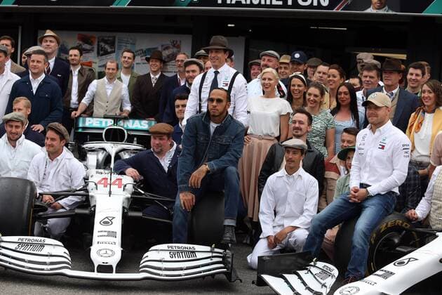 Photo4 LaPresse 28 07 2019 Hockenheim, Germany Grand Prix Formula One Germany 2019 In the pic: Mercedes AMG F1 in vintage clothin, with Lewis Hamilton (GBR) Mercedes AMG F1 W10 , Valtteri Bottas (FIN) Mercedes AMG F1 W10 and Toto Wolff (GER) Mercedes AMG F1 Shareholder and Executive Director  Copyright: xphoto4 Lapressex