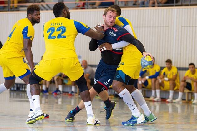 Altensteig, Germany 28 July 2019 2 HBL S Cup 19 20 SG BBM Bietigheim vs FC Porto Alexis Borges FC Porto , Patrick Rentschler SG BBM Bietigheim Altensteig Eichwaldhalle Baden Württemberg Germany