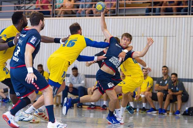 Altensteig, Germany 28 July 2019 2 HBL S Cup 19 20 SG BBM Bietigheim vs FC Porto v li Alexis Borges FC Porto , Jonathan Fischer Bietigheim , Daymaro Salina FC Porto , Max Öhler Oehler SG BBM Bietigheim Altensteig Eichwaldhalle Baden Württemberg Germany