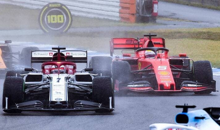 28 07 2019, xpsx, Motorsport FIA Formula 1, Mercedes Benz Grand Prix of Germany 2019 Race v l Kimi Raikkonen Alfa Romeo Racing 7 FIN , Sebastian Vettel Scuderia Ferrari Mission Winnow 5 GER Hockenheim