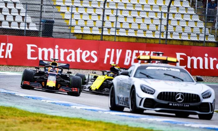 28 07 2019, xpsx, Motorsport FIA Formula 1, Mercedes Benz Grand Prix of Germany 2019 Race v l Max Verstappen Aston Martin Red Bull Racing 33 NED , Safety Car Hockenheim