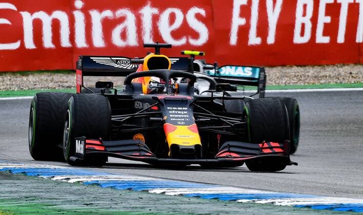 28 07 2019, xpsx, Motorsport FIA Formula 1, Mercedes Benz Grand Prix of Germany 2019 Race v l Max Verstappen Aston Martin Red Bull Racing 33 NED Hockenheim
