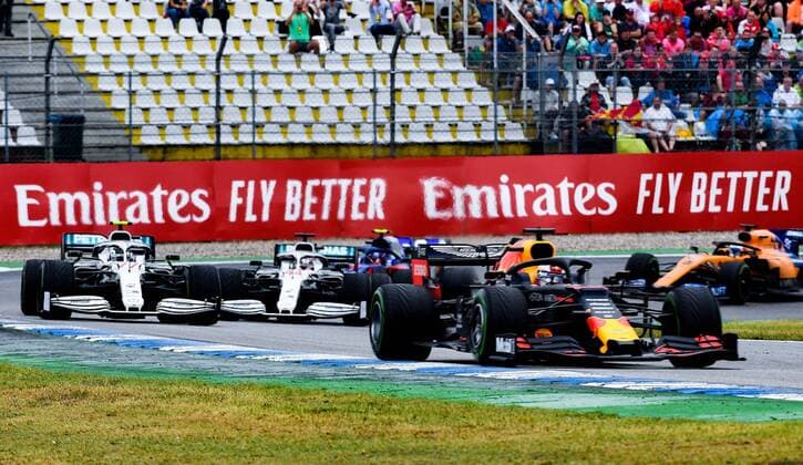 28 07 2019, xpsx, Motorsport FIA Formula 1, Mercedes Benz Grand Prix of Germany 2019 Race v l Valtteri Bottas Mercedes AMG Petronas Motorsport 77 FIN , Lewis Hamilton Mercedes AMG Petronas Motorsport 44 GBR , Max Verstappen Aston Martin Red Bull Racing 33 NED Hockenheim