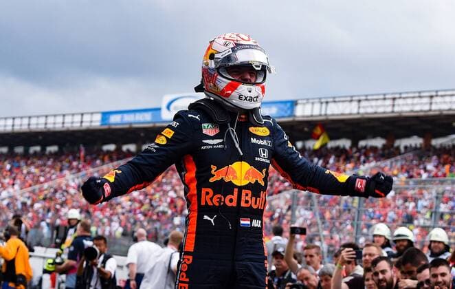 28 07 2019, xpsx, Motorsport FIA Formula 1, Mercedes Benz Grand Prix of Germany 2019 race v l winner, Jubel Max Verstappen Aston Martin Red Bull Racing 33 NED Hockenheim